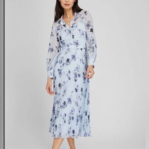Club Monaco Pale Blue Floral Pleated Midi Dress